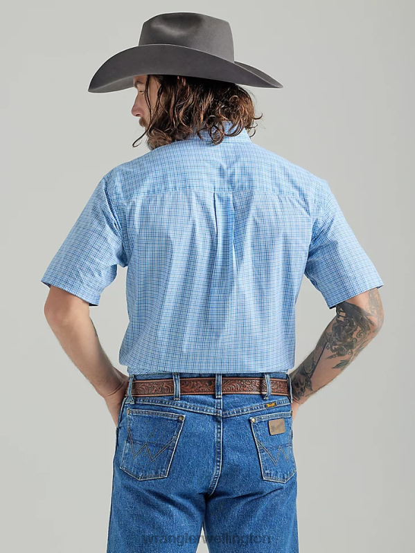 Baby Blue George Strait Short Sleeve 2 Pocket Button Down Plaid Shirt Men Clothing Wrangler P2B6R333