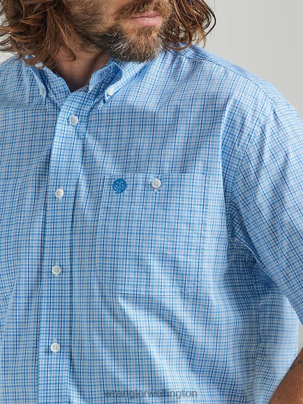 Baby Blue George Strait Short Sleeve 2 Pocket Button Down Plaid Shirt Men Clothing Wrangler P2B6R333