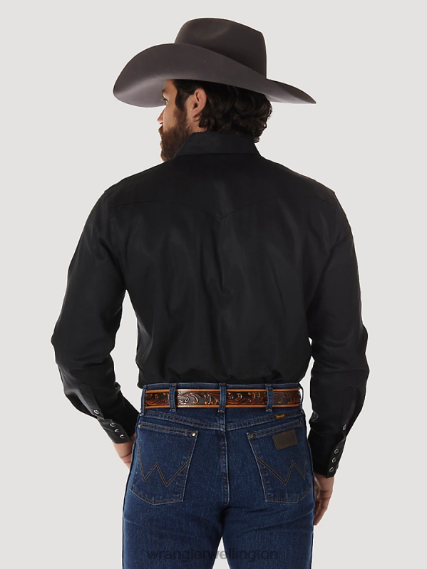 Black Cowboy Cut Firm Finish Long Sleeve Western Snap Solid Work Shirt Men Clothing Wrangler P2B6R425
