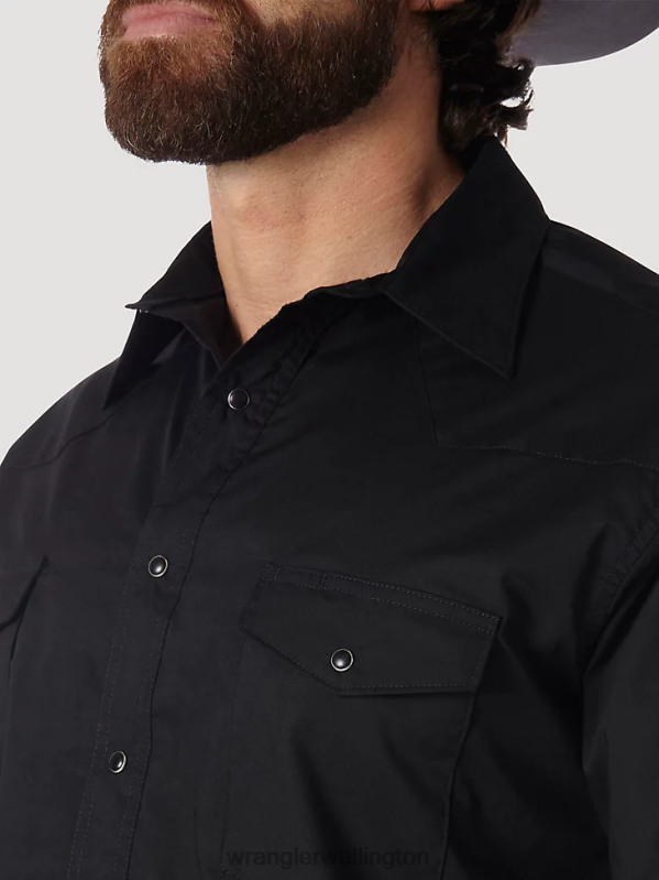 Black Western Snap Shirt - Long Sleeve Solid Broadcloth Men Clothing Wrangler P2B6R450