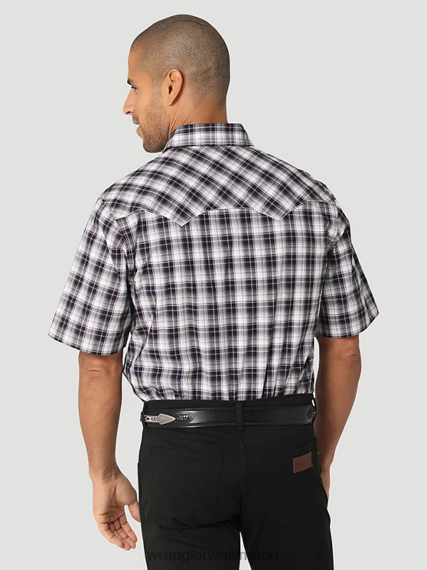 Black White Retro Short Sleeve Western Snap with Sawtooth Flap Pocket Plaid Shirt Men Clothing Wrangler P2B6R428