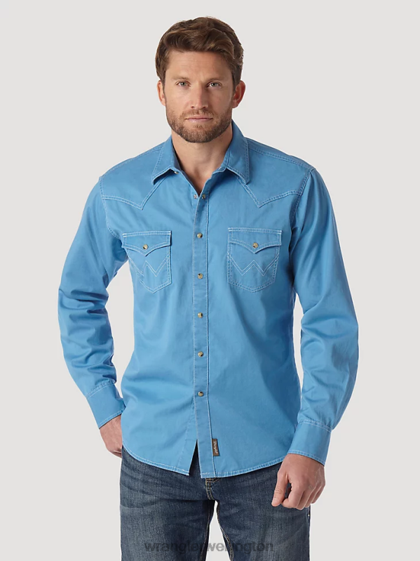 Blue Contrast Trim Western Two Snap Flap Pocket Shirt Men Clothing Wrangler P2B6R438