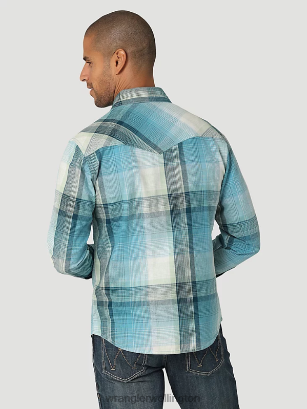 Blue Light Retro Premium Long Sleeve Western Snap Plaid Shirt Men Clothing Wrangler P2B6R478