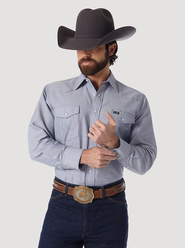 Chambray Cowboy Cut Work Western Rigid Denim Long Sleeve Shirt Men Clothing Wrangler P2B6R440
