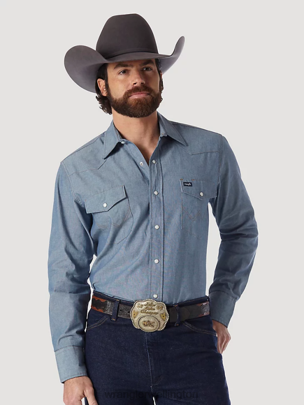 Chambray Cowboy Cut Work Western Rigid Denim Long Sleeve Shirt Men Clothing Wrangler P2B6R441