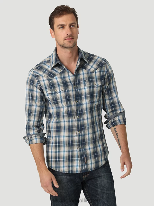 Deep Indigo Retro Premium Long Sleeve Western Snap Plaid Shirt Men Clothing Wrangler P2B6R480