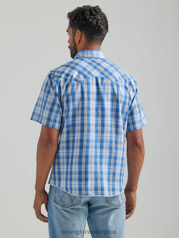 Med Blue Fashion Snap Short Sleeve Western Snap Plaid Shirt Men Clothing Wrangler P2B6R459