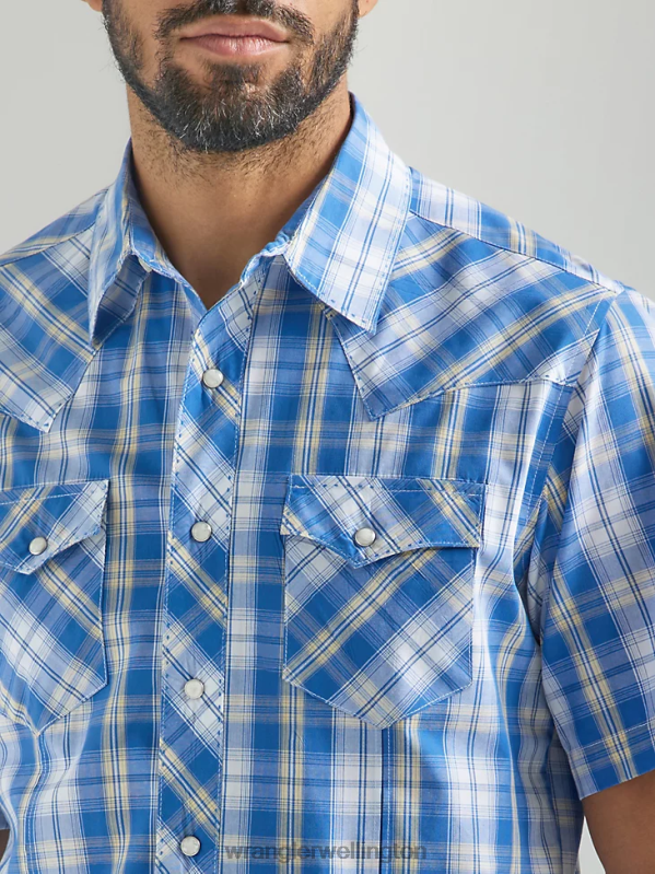 Med Blue Fashion Snap Short Sleeve Western Snap Plaid Shirt Men Clothing Wrangler P2B6R459