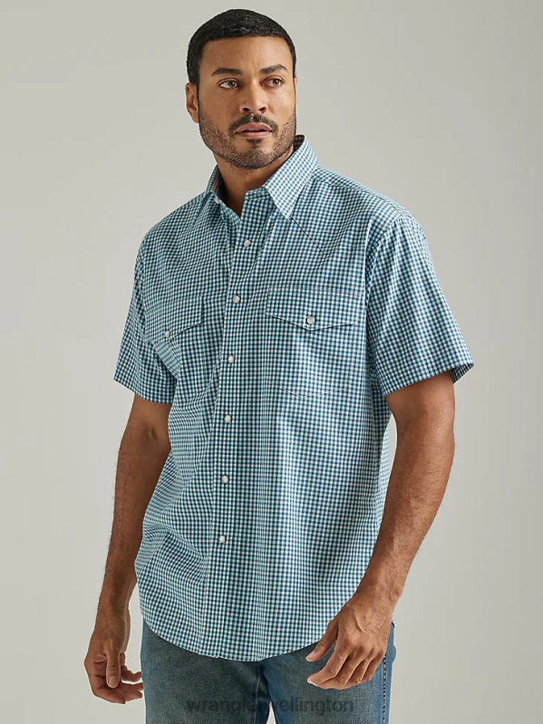 Mixed Greens Wrinkle Resist Short Sleeve Western Snap Plaid Shirt Men Clothing Wrangler P2B6R447