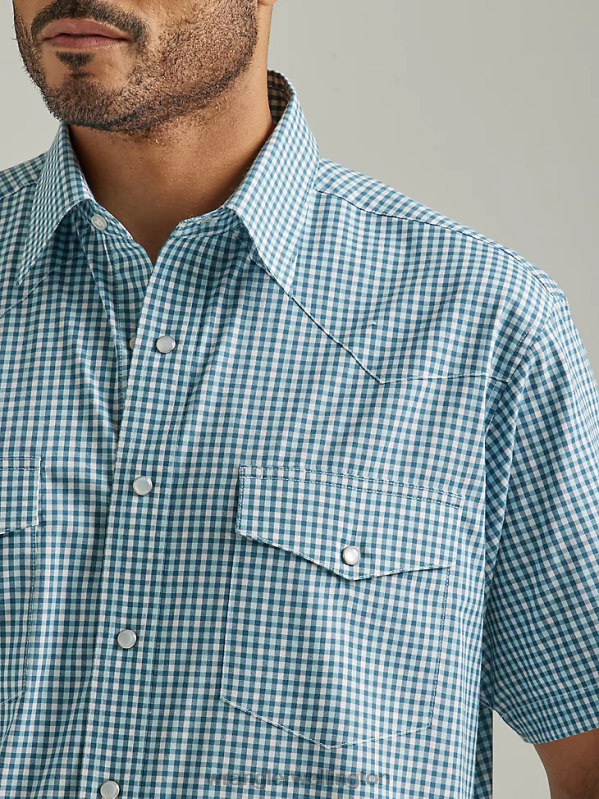 Mixed Greens Wrinkle Resist Short Sleeve Western Snap Plaid Shirt Men Clothing Wrangler P2B6R447