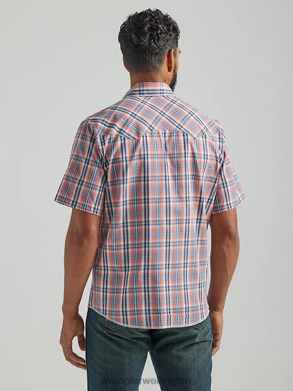 Orange Fashion Snap Short Sleeve Western Snap Plaid Shirt Men Clothing Wrangler P2B6R458