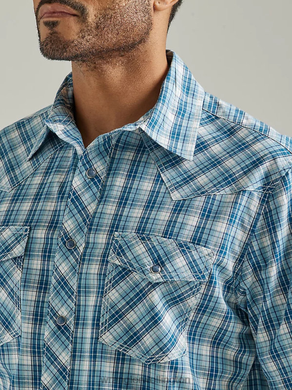 Pacific Check 20X Competition Advanced Comfort Short Sleeve Western Snap Two Pocket Plaid Shirt Men Clothing Wrangler P2B6R453