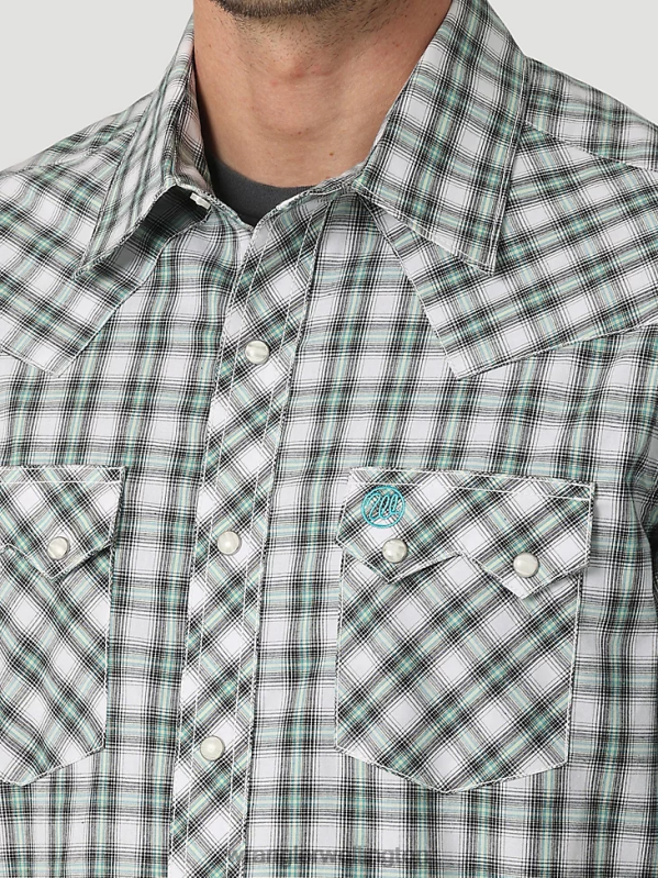 Picnic Green Retro Short Sleeve Western Snap with Sawtooth Flap Pocket Plaid Shirt Men Clothing Wrangler P2B6R430