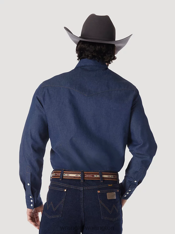 Rigid Indigo Cowboy Cut Work Western Rigid Denim Long Sleeve Shirt Men Clothing Wrangler P2B6R439