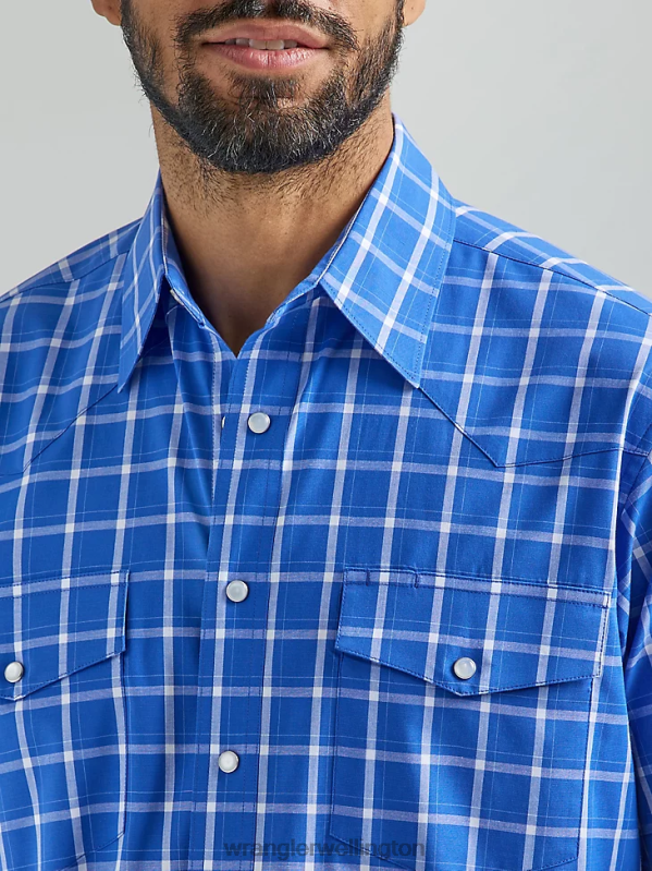 Royal Blue Wrinkle Resist Short Sleeve Western Snap Plaid Shirt Men Clothing Wrangler P2B6R444