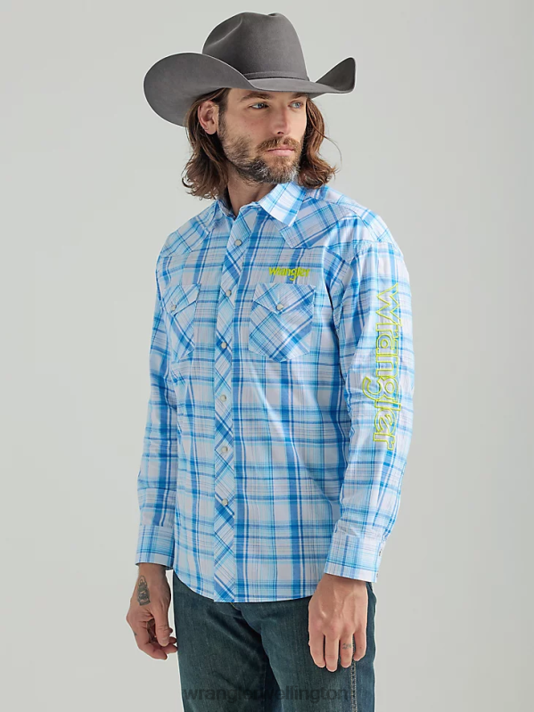 Sea Blue Logo Long Sleeve Western Snap Plaid Shirt Men Clothing Wrangler P2B6R497