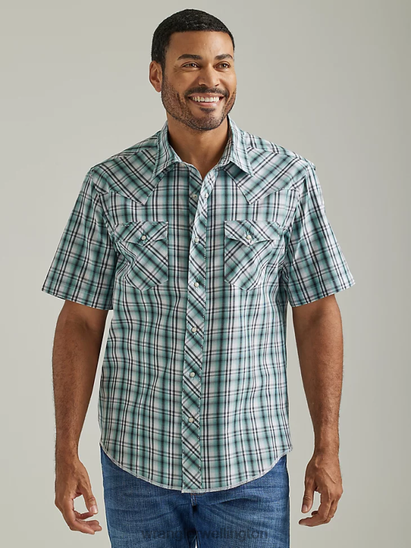Sea Green Fashion Snap Short Sleeve Western Snap Plaid Shirt Men Clothing Wrangler P2B6R461
