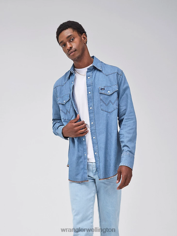 Stonewash Cowboy Cut Long Sleeve Western Denim Snap Work Shirt Men Clothing Wrangler P2B6R407