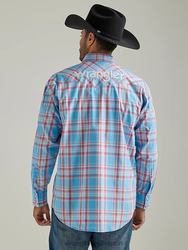 Sunny Blue Logo Long Sleeve Western Snap Plaid Shirt Men Clothing Wrangler P2B6R498