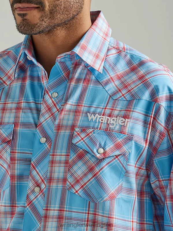 Sunny Blue Logo Long Sleeve Western Snap Plaid Shirt Men Clothing Wrangler P2B6R498