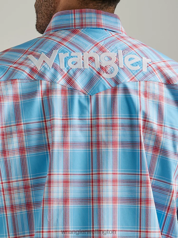 Sunny Blue Logo Long Sleeve Western Snap Plaid Shirt Men Clothing Wrangler P2B6R498