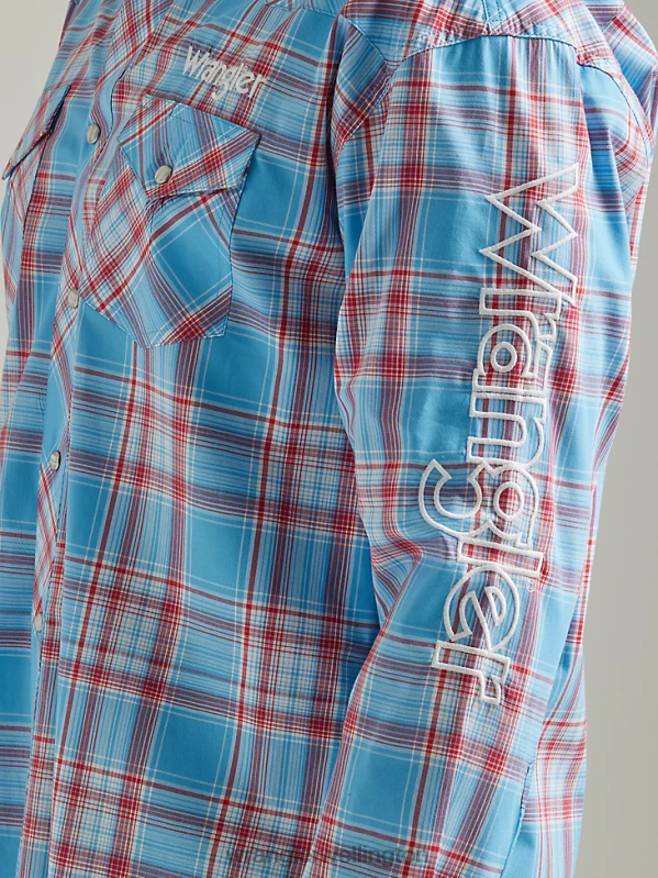 Sunny Blue Logo Long Sleeve Western Snap Plaid Shirt Men Clothing Wrangler P2B6R498