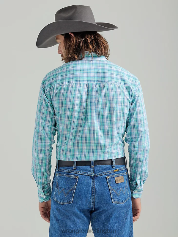 Teal Floral George Strait Long Sleeve Button Down One Pocket Plaid Shirt Men Clothing Wrangler P2B6R315