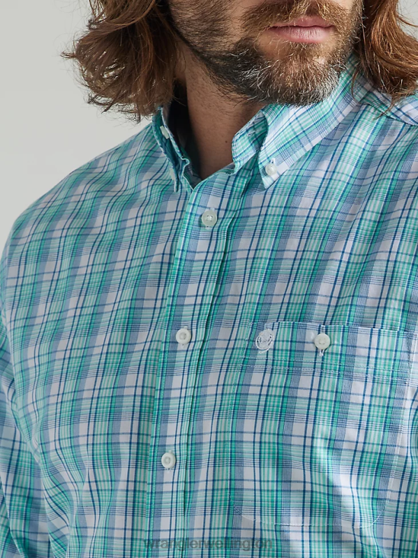 Teal Floral George Strait Long Sleeve Button Down One Pocket Plaid Shirt Men Clothing Wrangler P2B6R315