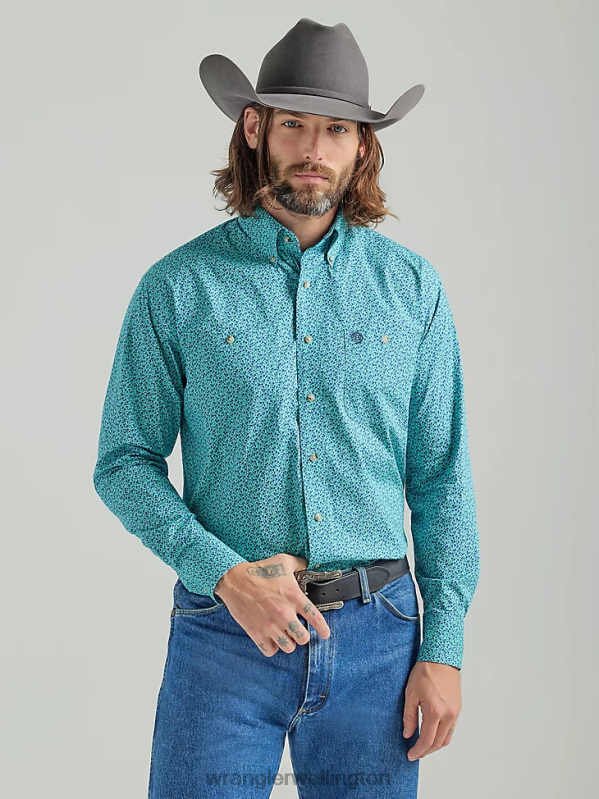 Teal Flowers George Strait Long Sleeve Two Pocket Button Down Print Shirt Men Clothing Wrangler P2B6R368