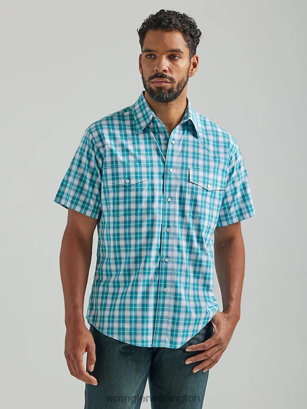 Teal Wrinkle Resist Short Sleeve Western Snap Plaid Shirt Men Clothing Wrangler P2B6R443
