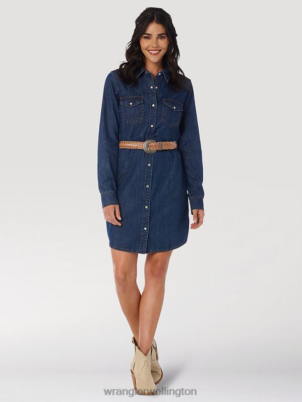Dark Denim Long Sleeve Western Snap Denim Dress Women Clothing Wrangler P2B6R853
