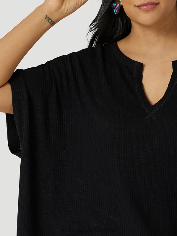 Black Long Sleeve One Point Front and Back Yokes Solid Top Women Clothing Wrangler P2B6R888