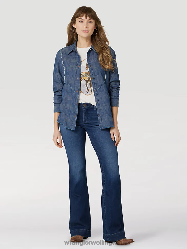 Black Long Sleeve One Point Front and Back Yokes Solid Top Women Clothing Wrangler P2B6R888