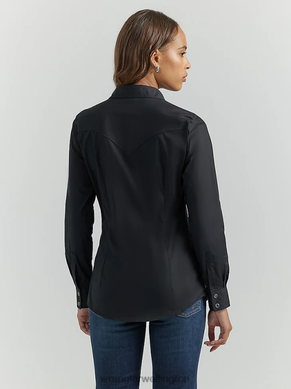Black Long Sleeve One Point Front and Back Yokes Solid Top Women Clothing Wrangler P2B6R888