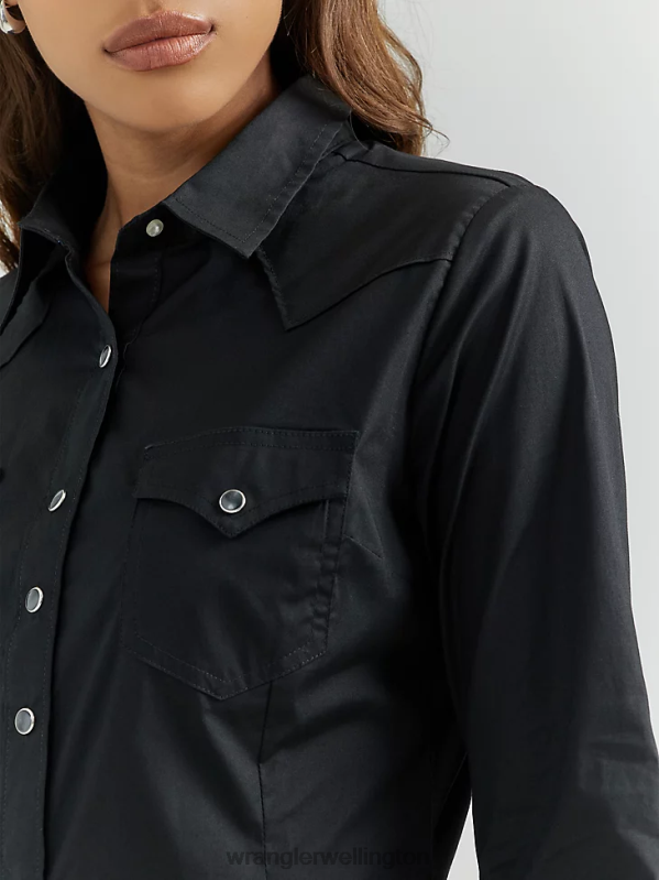 Black Long Sleeve One Point Front and Back Yokes Solid Top Women Clothing Wrangler P2B6R888