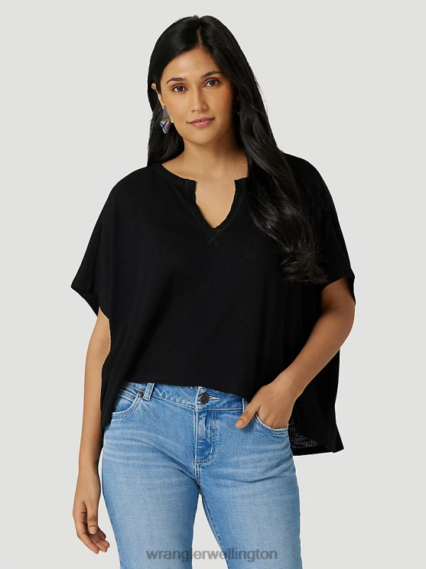 Black Long Sleeve One Point Front and Back Yokes Solid Top Women Clothing Wrangler P2B6R888