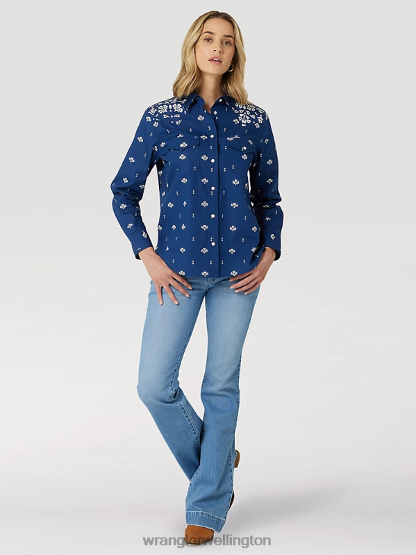 Blue Print Retro Americana Bandana Western Snap Shirt Women Clothing Wrangler P2B6R883