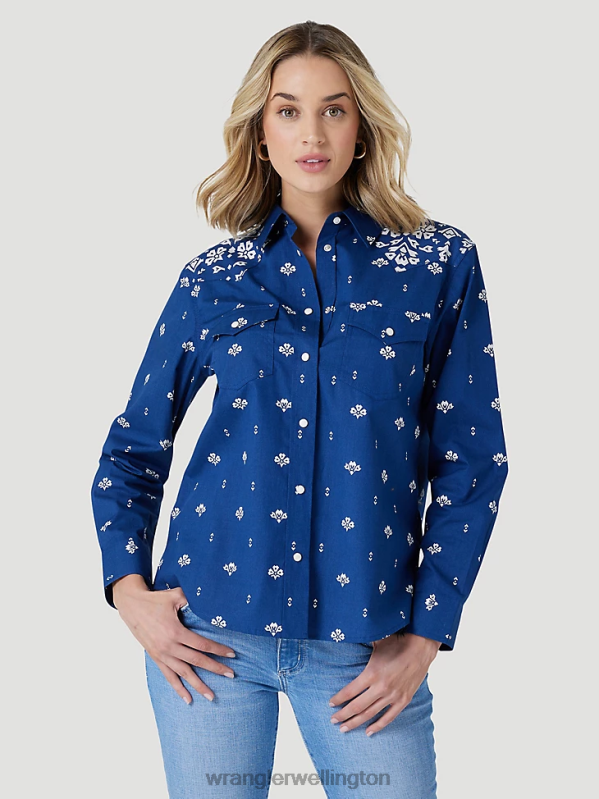Blue Print Retro Americana Bandana Western Snap Shirt Women Clothing Wrangler P2B6R883