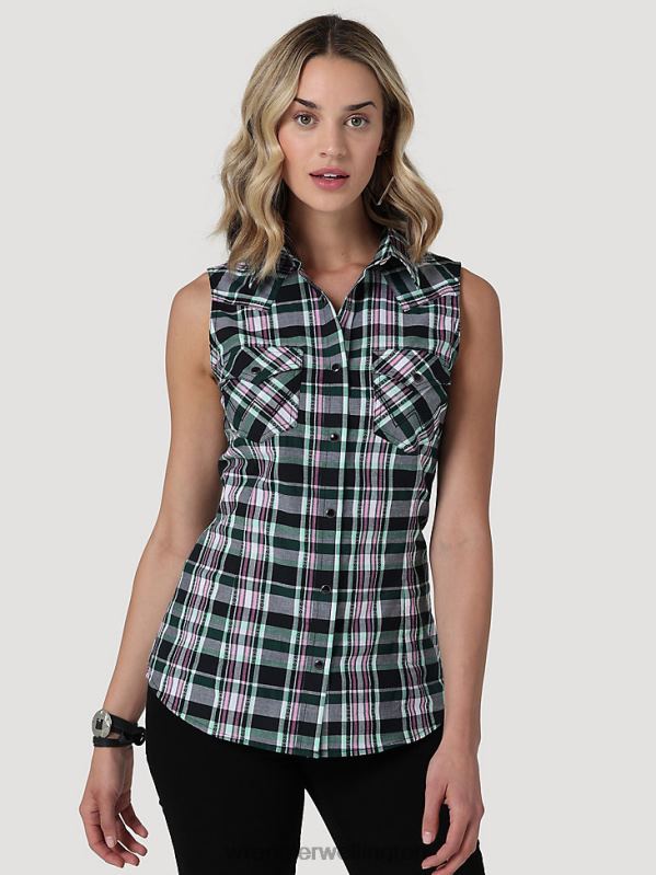 Deep Green Retro Sleeveless Plaid Western Snap Top Women Clothing Wrangler P2B6R897