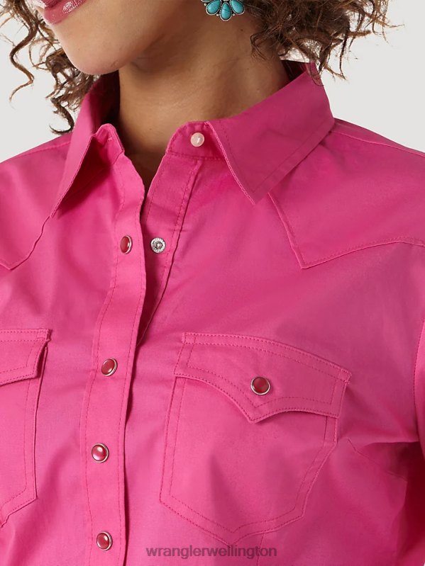 Pink Long Sleeve One Point Front and Back Yokes Solid Top Women Clothing Wrangler P2B6R891