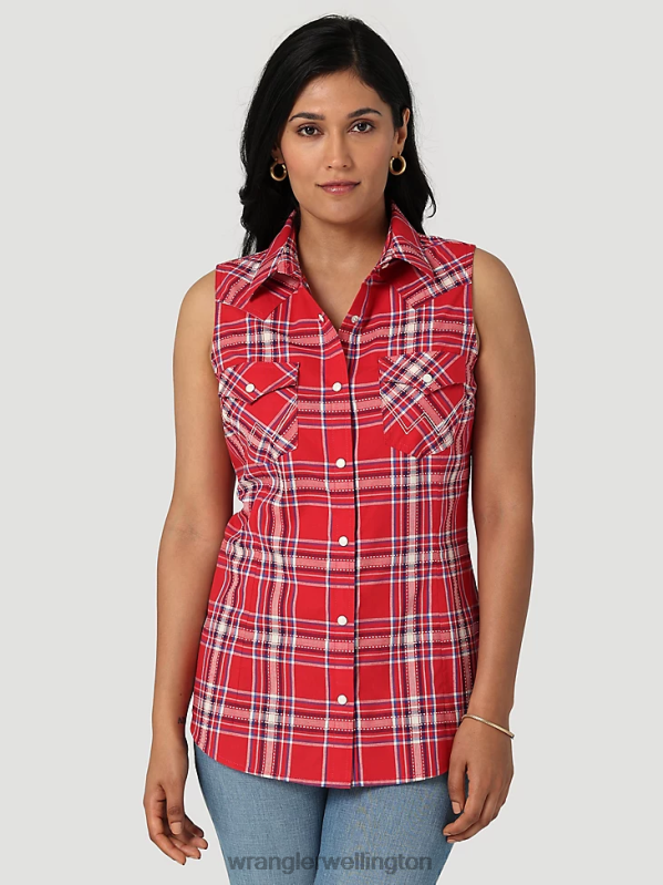 Pop Red Retro Sleeveless Plaid Western Snap Top Women Clothing Wrangler P2B6R896