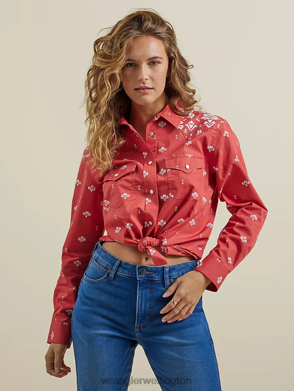 Red Retro Americana Bandana Western Snap Shirt Women Clothing Wrangler P2B6R882