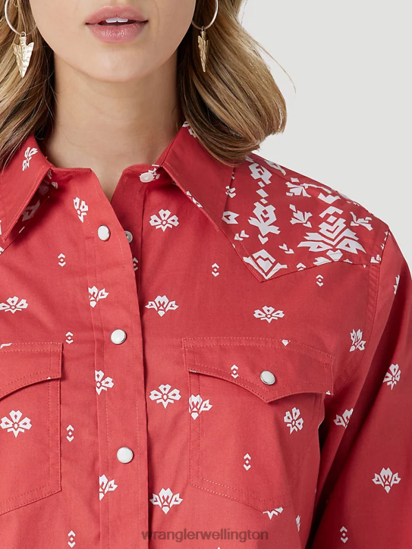 Red Retro Americana Bandana Western Snap Shirt Women Clothing Wrangler P2B6R882
