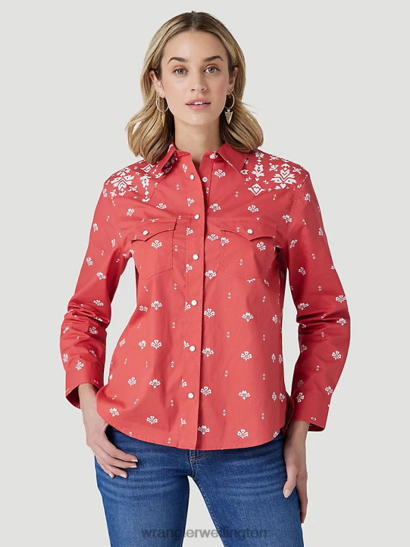 Red Retro Americana Bandana Western Snap Shirt Women Clothing Wrangler P2B6R882